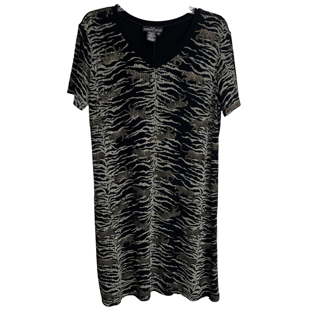 VTG Carole Little Women's Dress Size 14 Jaguar Print Stretch Knit Short Sleeve